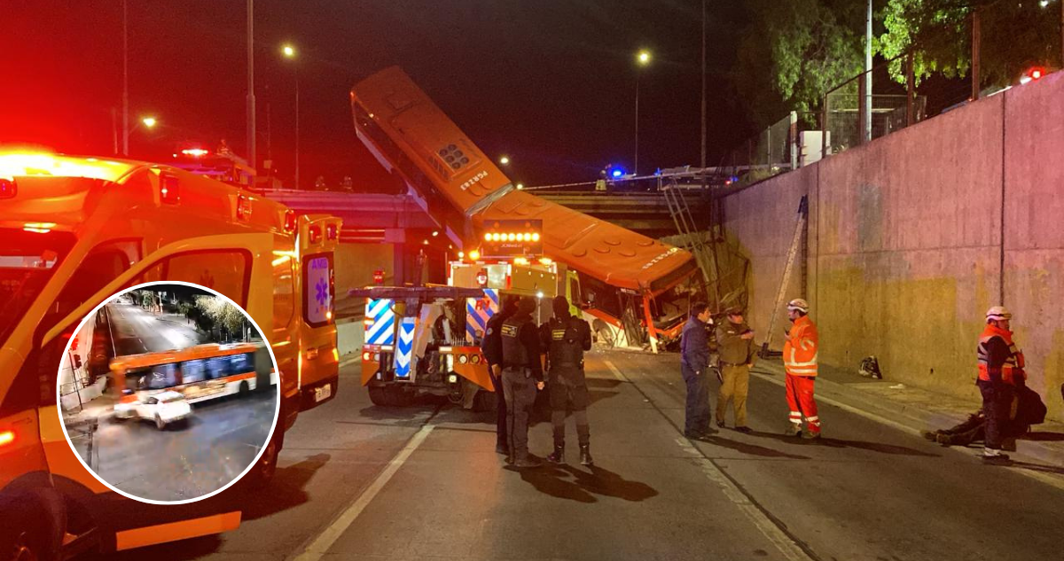 Bus de transantiago con pasajeros cae desde paso sobre nivel Departamental tras ser impactado por auto