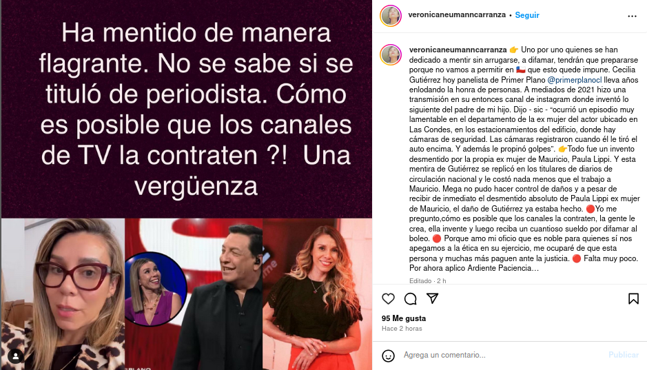 Captura de publicación de Verónica Neumann en Instagram contra Cecilia Gutiérrez.
