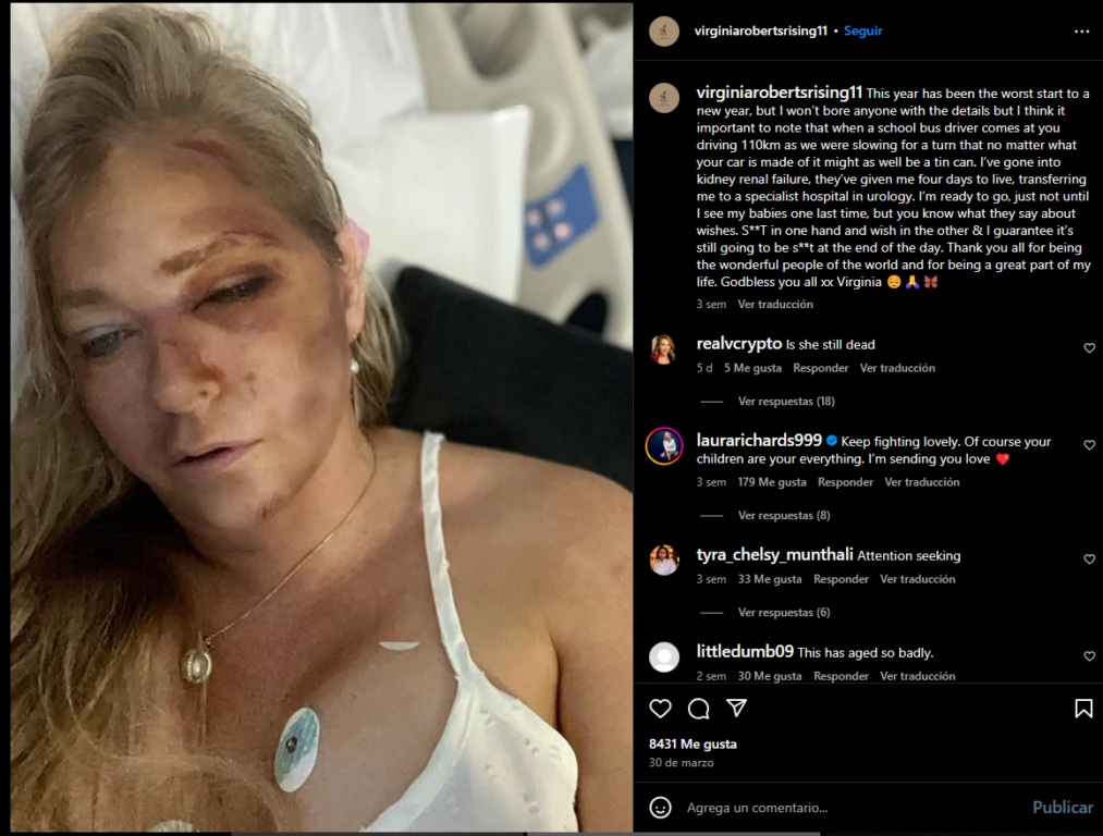 Captura de publicación en Instagram de Virginia Giuffre, víctima de Jeffrey Epstein