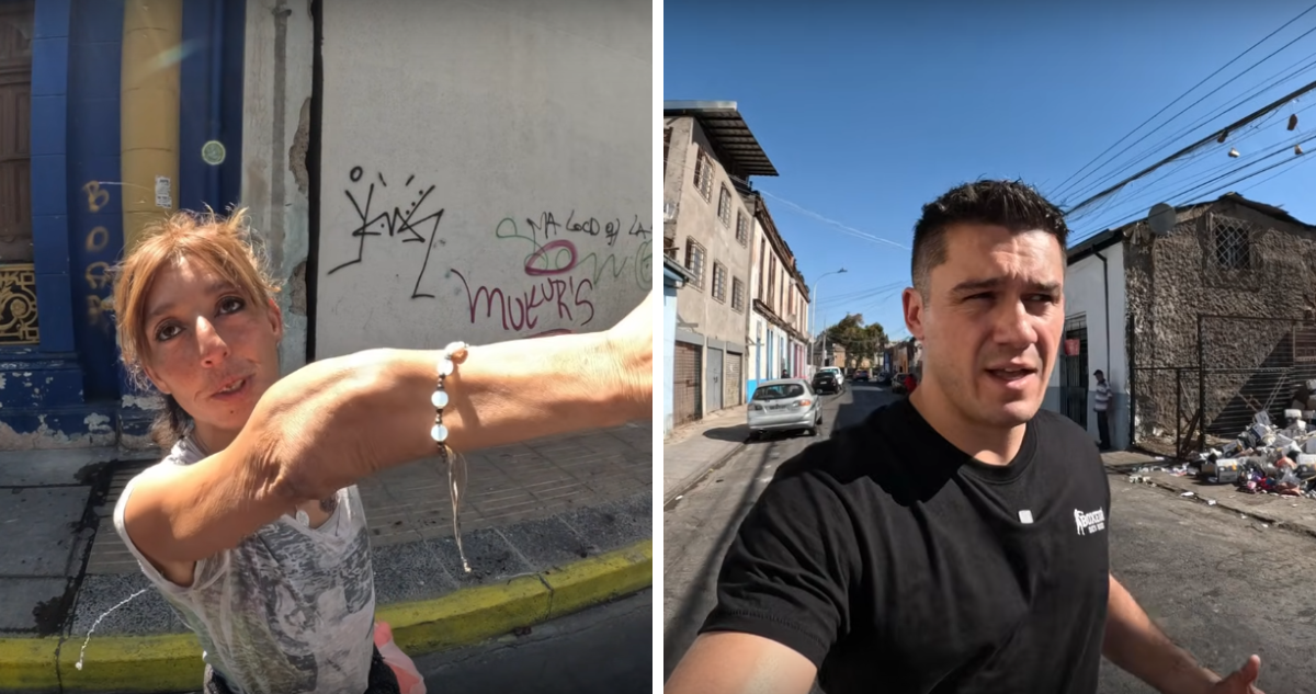 Capturas de video del youtuber italiano Zazza el italiano en referencia a documental sobre el consumo de pasta base en Santiago