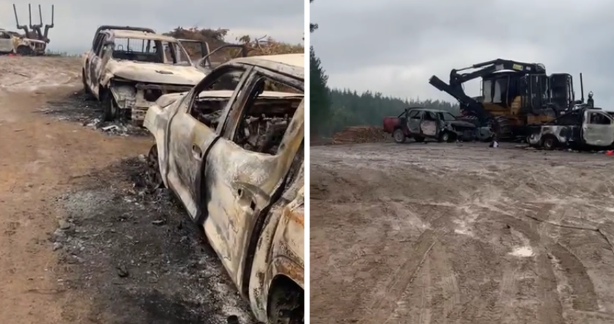 Vehículos y maquinaria destruida tras ataque incendiario en Los Sauces