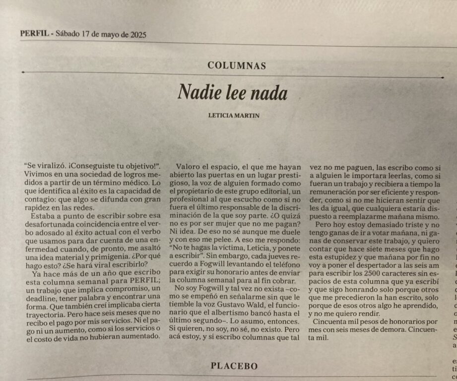 Columnista argentina denunció no pago de su trabajo en las mismas páginas donde escribía