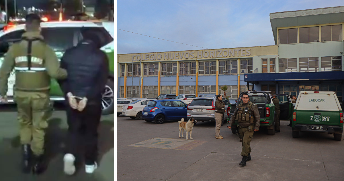 Carabinero llevando a detenido por balacera en colegio de San Pedro de la Paz
