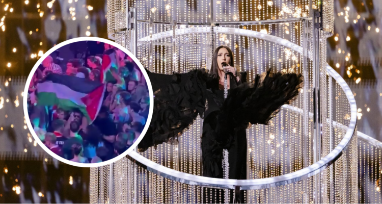 Yuval Raphael, representante de Israel en el Eurovisión y en miniatura manifestantes expulsados