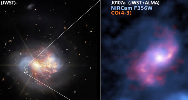 Izquierda: Imagen en el infrarrojo cercano de una galaxia cercana VV114 y la monstruosa galaxia espiral barrada de fondo J0107a en z=2,433 capturada por el telescopio espacial James Webb. Derecha: Distribución estelar y molecular de gases de J0107a
