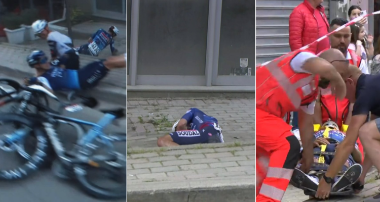 Brutal accidente múltiple obliga a evacuar a ciclista en Gran Giro de Italia: fue retirado en camilla.