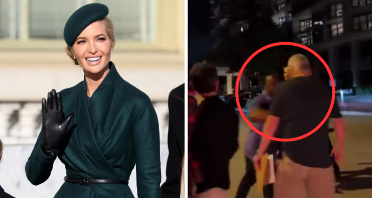Ivanka Trump en toma de mando de Donald Trump, junto a captura de video donde su guardaespaldas empuja a un hombre que se le acercó