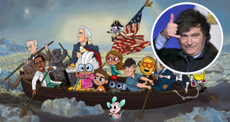 Imagen de la serie animada Tuttle Twins, que será parte de la nueva programación de Paka Paka, canal infantil argentino, y la imagen del presidente Javier Milei en un recuadro.