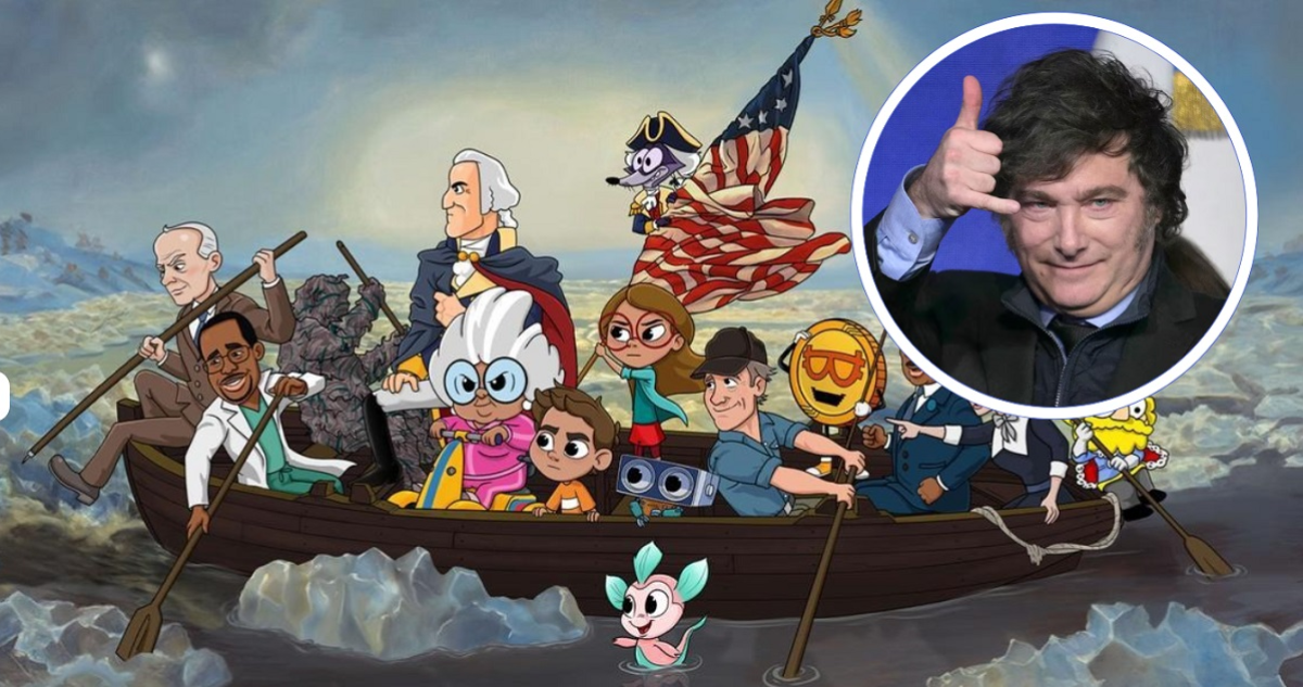 Imagen de la serie animada Tuttle Twins, que será parte de la nueva programación de Paka Paka, canal infantil argentino, y la imagen del presidente Javier Milei en un recuadro.