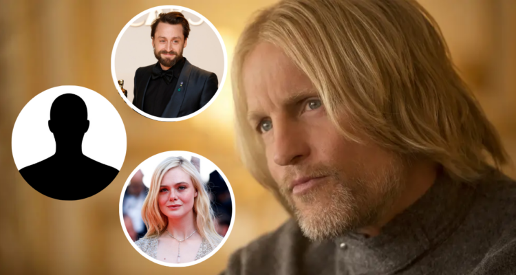 Haymitch en Los juegos del hambre junto a miniaturas de Kieran Culkin y Elle Fanning