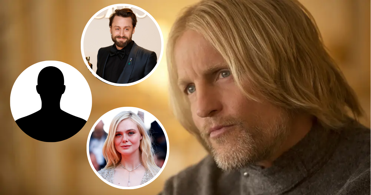 Haymitch en Los juegos del hambre junto a miniaturas de Kieran Culkin y Elle Fanning