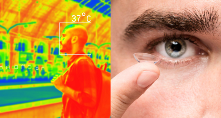 Visión infrarroja y persona poniéndose lentes de contacto en referencia a lentes con visión nocturna