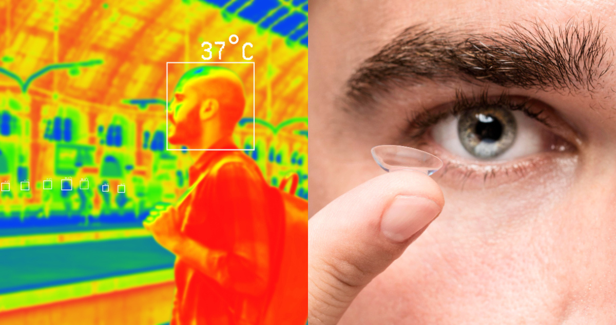Visión infrarroja y persona poniéndose lentes de contacto en referencia a lentes con visión nocturna
