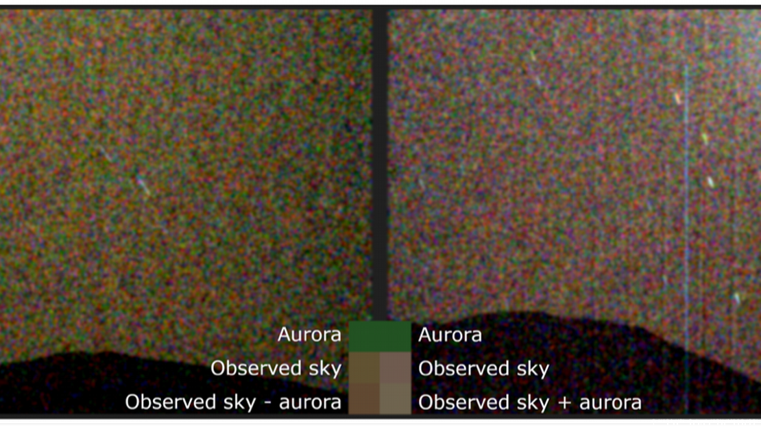 A la izquierda, la primera imagen capturada en Marte de una aurora. A la derecha, el cielo normal de una noche marciana