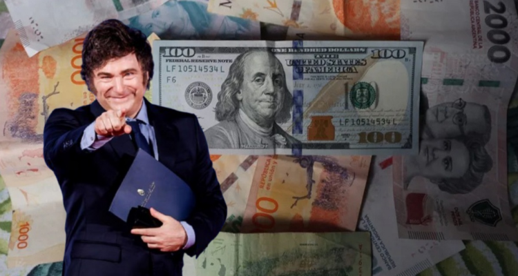 Imagen digital de Javier Milei y un fondo de dólares.