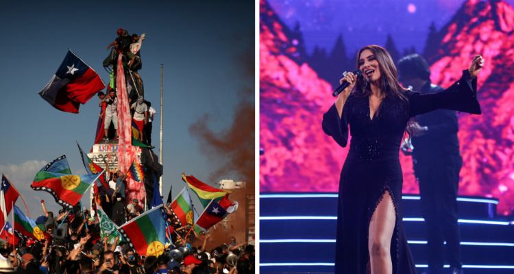 A la izquierda fotografías del Estallido Social del 2019 y a la derecha Myriam Hernández en el Festival de Viña