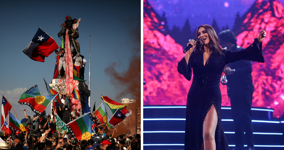 A la izquierda fotografías del Estallido Social del 2019 y a la derecha Myriam Hernández en el Festival de Viña