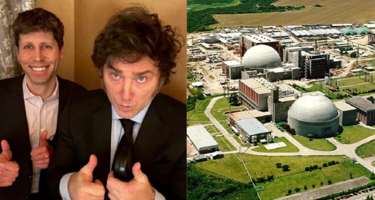 Milei con Sam Altman (creador de ChatGPT) en mayo de 2024 y la sede de Atucha (complejo nuclear en Buenos Aires)