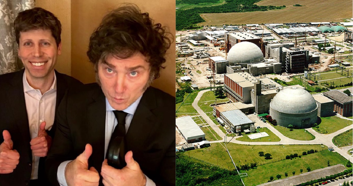 Milei con Sam Altman (creador de ChatGPT) en mayo de 2024 y la sede de Atucha (complejo nuclear en Buenos Aires)