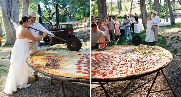 Novios sirven una pizza de 2.4 metros en su matrimonio