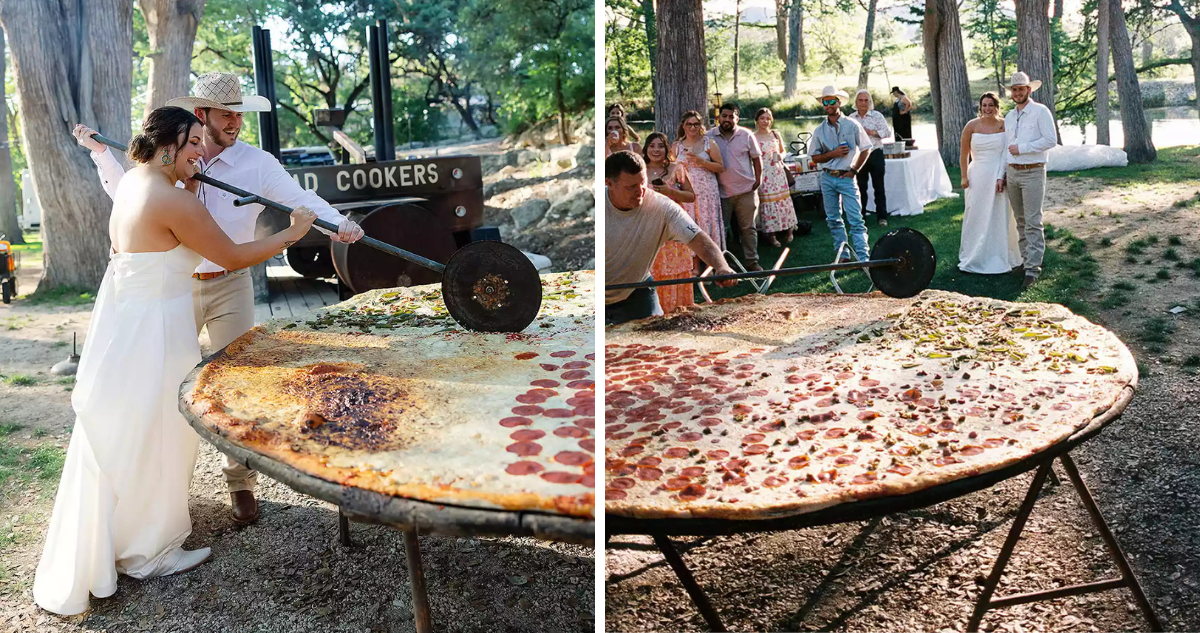 Novios sirven una pizza de 2.4 metros en su matrimonio