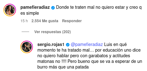 Captura de comentarios entre Pamela Díaz y Sergio Rojas por conflicto con 'Qué te lo digo'