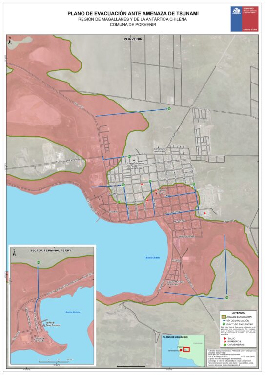 Plano de evacuación por alerta de tsunami en Porvenir