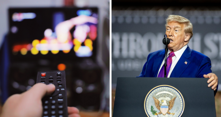 Persona viendo televisión y fotografía de Donald Trump en referencia a reality de inmigrantes que buscan la ciudadanía en EE.UU