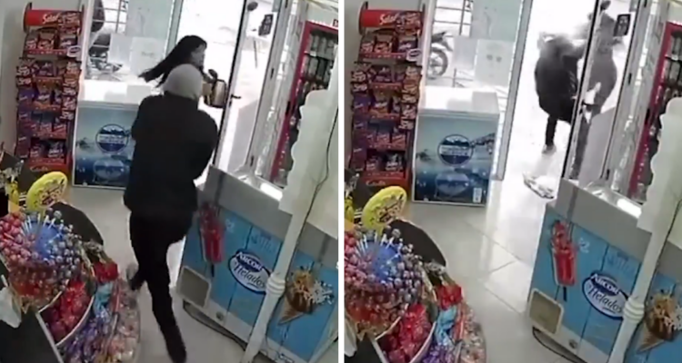 VIDEO | Mujer frustra robo de almacén lanzando agua caliente a delincuente en Argentina