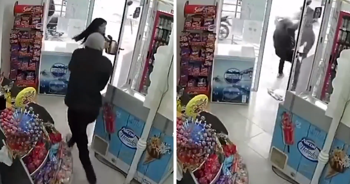 VIDEO | Mujer frustra robo de almacén lanzando agua caliente a delincuente en Argentina