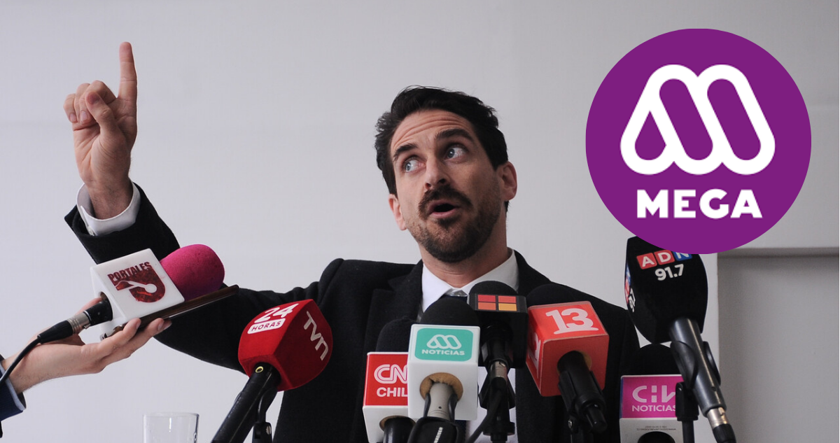 Gonzalo Winter en conferencia de prensa y logo de Mega en referencia a denuncia al CNTV por reportaje sobre Sierra Bella