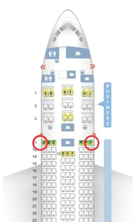 El plano de asientos de un Boeing 787 Dreamliner muestra el asiento 11A cerca de la salida de emergencia, mientras que Ajay estaba en el 11J.

