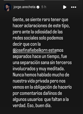 Instagram Storie de Jorge Arecheta sobre el quiebre con Josefina Fiebelkorn
