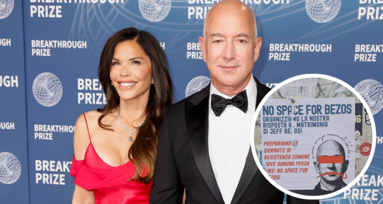 Jeff Bezos junto a Lauren Sánchez en referencia a manifestaciones en Venecia por su boda