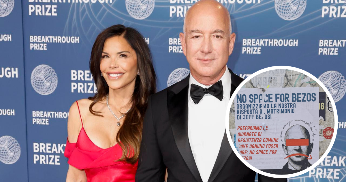 Jeff Bezos junto a Lauren Sánchez en referencia a manifestaciones en Venecia por su boda