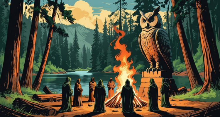 Ilustración generada con Inteligencia Artificial en representación del rito de la “Cremation of Care” que se realiza dentro del Bohemian Grove
