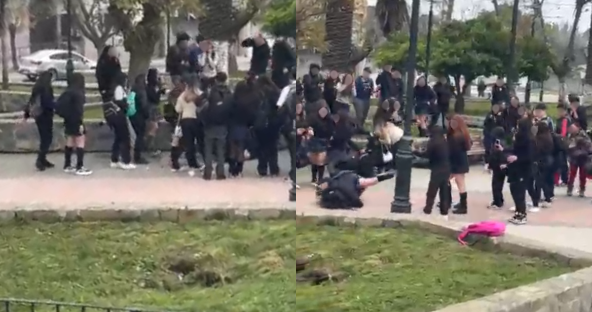 Captan brutal riña de estudiantes en plena plaza de Lota: una fue arrastrada por el suelo
