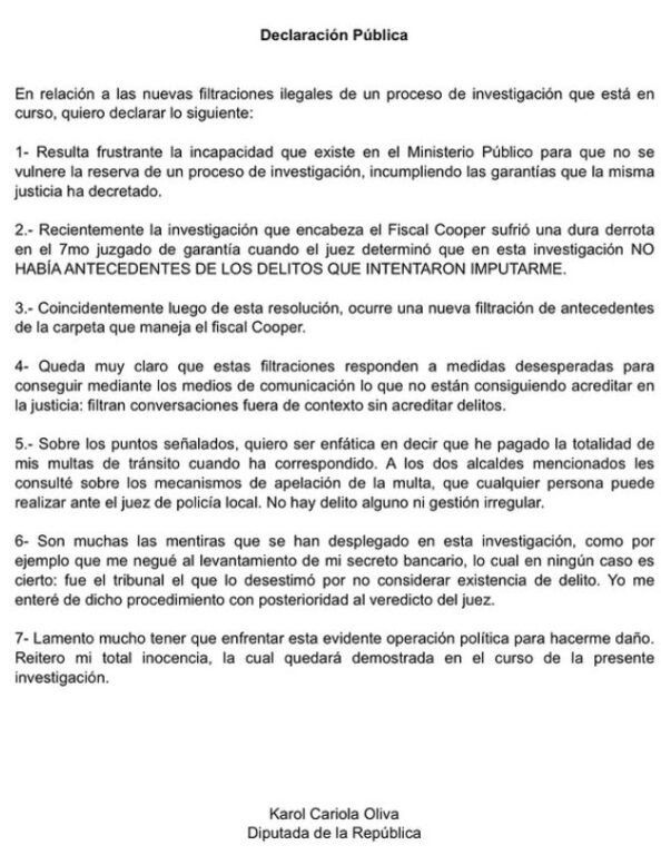 Cariola critica a Fiscalía y defiende su inocencia ante revelaciones de chats