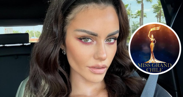 Emilia Dides junto a logo de Miss Grand en referencia a polémica por concurso de belleza
