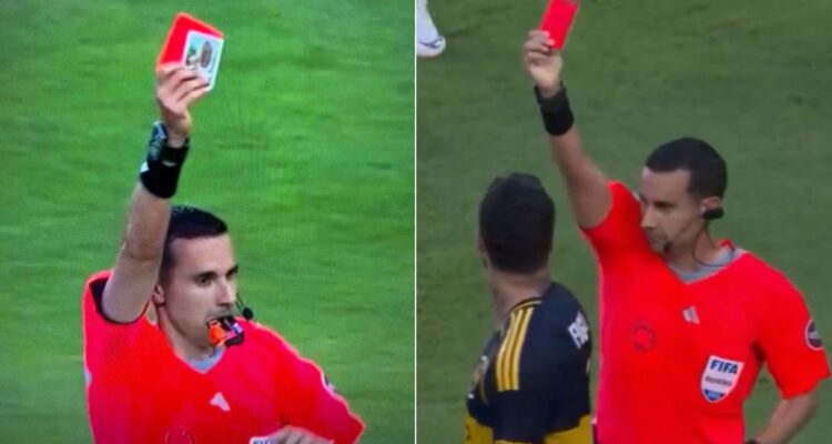 El árbitro mexicano César Ramos expulsó a Figal, de Boca, y le mostró la tarjeta roja junto a una de la Virgen de Guadalupe