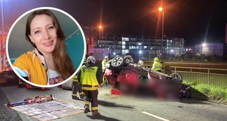 Foto de Macarena Yévenes y foto de accidente de fondo.