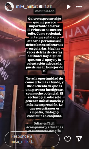 Instagram Storie de Mike Milfort sobre Princeso