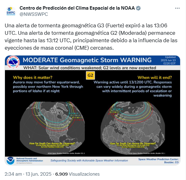 NOAA advierte de nueva tormetan solar