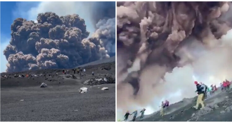 turistas huyen del volcán Etna