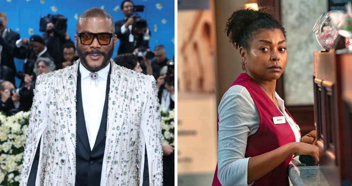 Tyler Perry a la izquierda y captura de su película “Harta” de Netflix, en referencia a denuncia por acoso de un actor