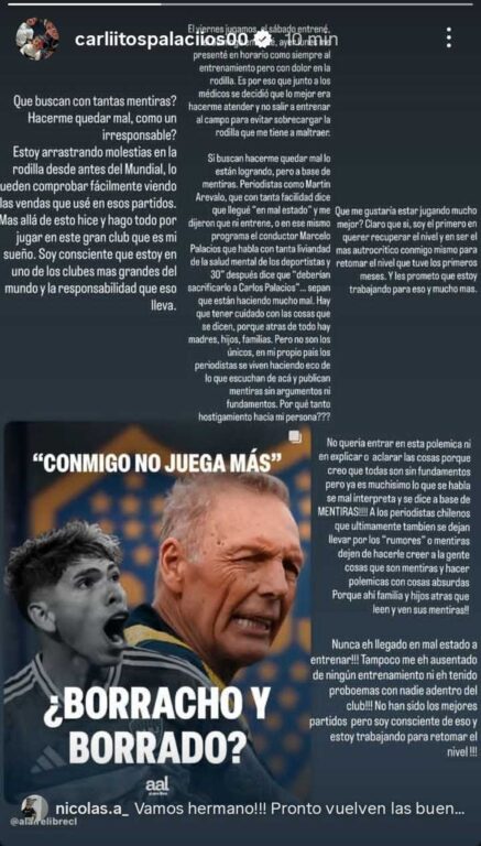 Carlos Palacios responde tras acusación de ir a entrenar en "mal estado" a Boca Juniors