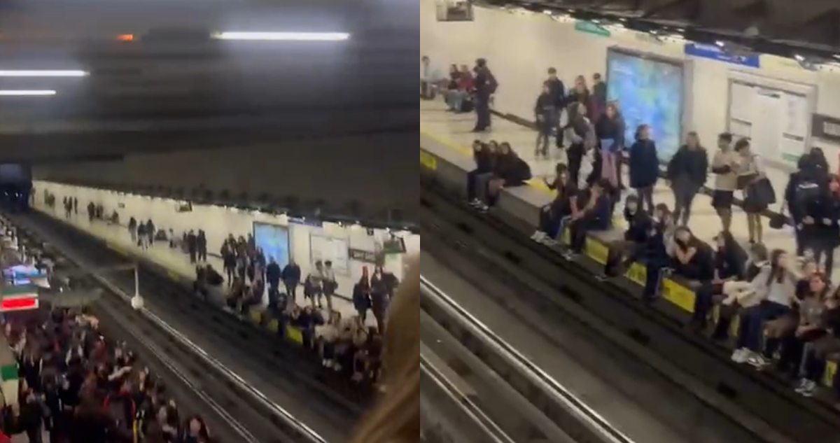 Manifestación en el Metro: escolares se sientan al borde del andén en estación Santa Isabel