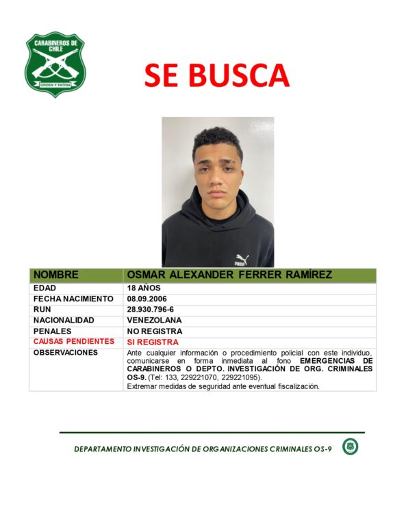 Carabineros emite alerta de búsqueda del sicario prófugo tras escándalo por orden judicial