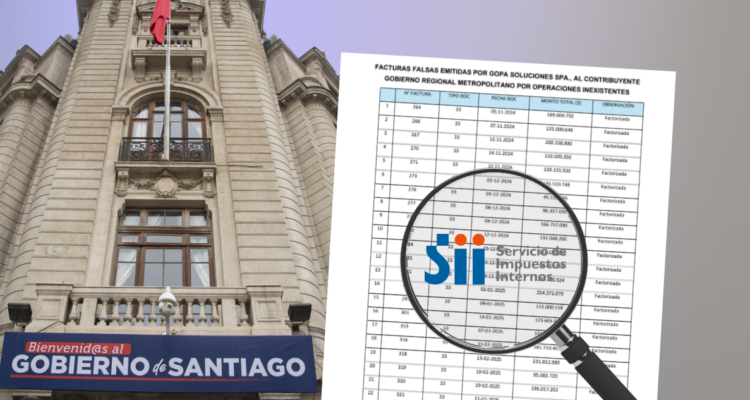 Edificio de GORE Santiago con detalle de facturas falsas, lupa y logo del SII.