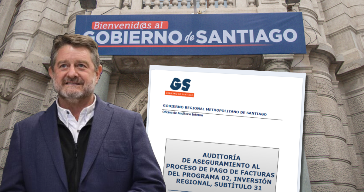 Orrego con imagen de documento de auditoría y sede del GORE De Santiago detrás.